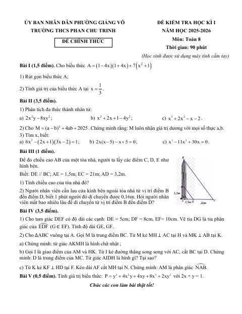 Đề thi Học kì 1 Toán 8 năm 2025-2026 trường THCS Phan Chu Trinh (Hà Nội)